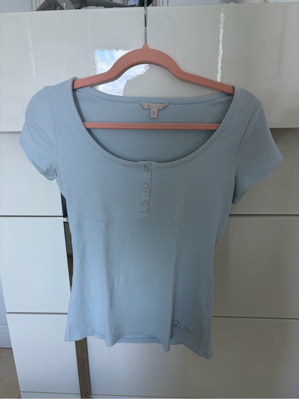 Guess Light Blue Scoop Neck Ribbed Short Sleeve Top -